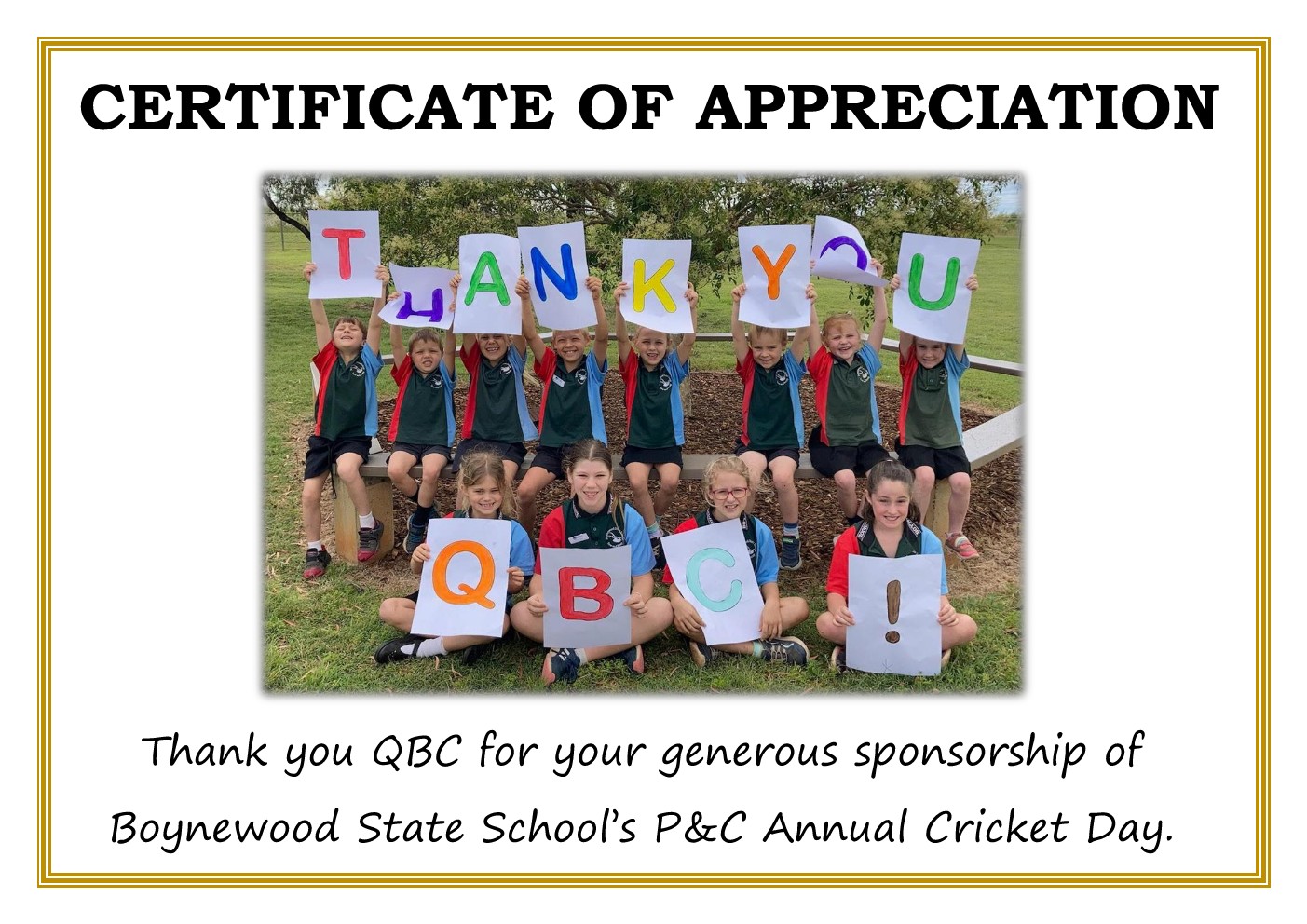 Certificate of Appreciation - Boynewood State School P&C Annual Cricket Day