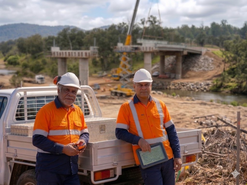 QBC Aboriginal and Torres Strait Islander team members in QBC-branded high-visibility workwear on site